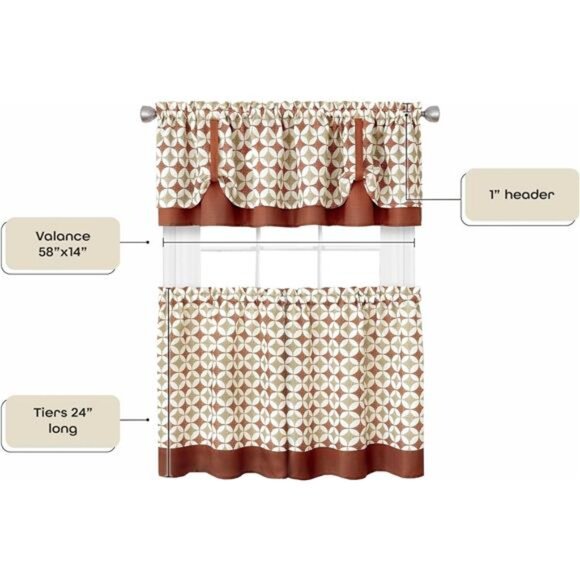 Light Filtering Printed Tier & Valance Window Curtain Set-58 Inch Width,24 InchL - Picture 4 of 7